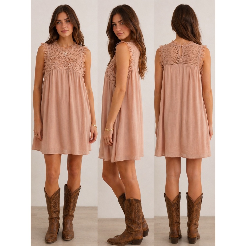 NWT Hinge Nordstrom Pink Hero Lace Mesh Fringe Sleeveless Mini Dress Size XS